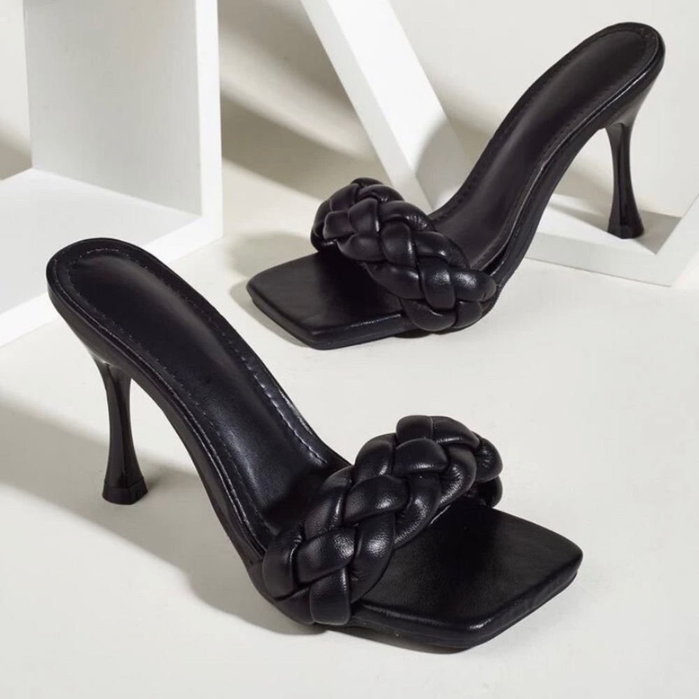 NWT black braided stiletto heeled mules